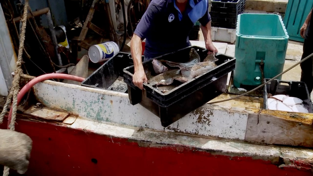 A Red’s Best crew member lifting a crate of fish from a fishing boat